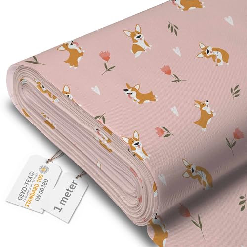 DreamRoots Segeltuch Wasserdicht - Polsterstoff Meterware 160 cm breit - Wasserabweisender Stoff 220 g/m2 600D - Markisenstoff Wasserdicht Meterware Corgi Tulips 1M