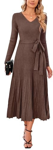 Arach&Cloz Jumper Dress for Women UK Long Sleeve Midi Knitted Pleated Dresses Fall Winter V Neck Elegant Sweater Dress Coffee