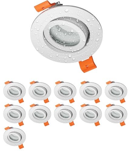 ledscom.de 12 Stück Bad-Deckeneinbaurahmen ERID, Feuchtraum, Badezimmer, IP44, rund, schwenkbar, weiß matt