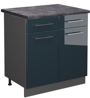 Vicco Küchenunterschrank Fame-Line, Dunkelblau Hochglanz/Anthrazit, 80 cm, AP Anthrazit