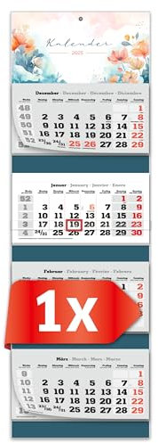 PRIMUS PRINT XXL Kalender 2025 - Mehrblock Wandkalender - 4-Monatskalender - Jahres Blockkalender - mit Datum Schieber - inklusive Feiertagen und Ferien - verschiedene Motive - [ 1x Blume ]