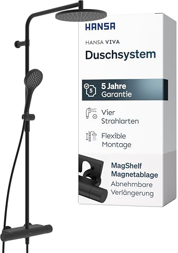 HANSA VIVA Duschsystem I Duscharmatur Komplettset aus Thermostat, Regendusche, Duschkopf mit Schlauch & Brausearm schwenkbar I MagShelf Magnetablage | Kopfbrause & Handbrause dreistrahlig | Schwarz