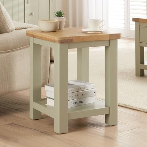 The Furniture Market Marbury Sage Green | Painted Lamp Table | Wooden Side Table with Shelf | Whitewash Oak Top | Modern Country Styling | Fully Assembled | H 550 x W 450 x D 450mm