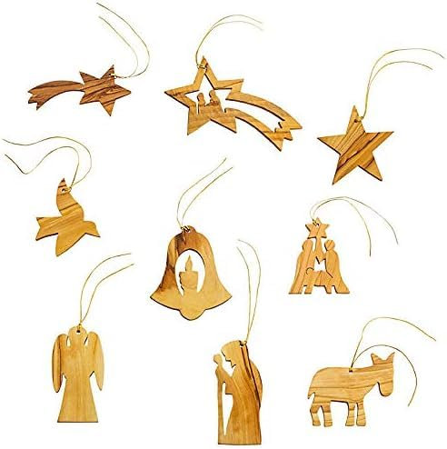 Set of 9 Handmade Olive Wood Christmas Tree Ornaments from Bethlehem – Premium Quality Holiday Decorations from The Holy Land