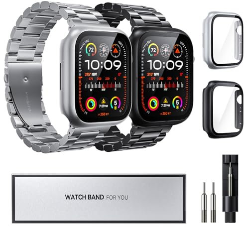 Compatible avec Apple Watch Band, 49mm, 45mm, 46mm, 44mm, 42mm, 41mm, 40mm, 38mm, bracelets iWatch en métal avec étui pour Apple Watch Ultra Series 10 9 8 7 6 5 4 3 2 1 SE (noir+argent, 45 mm)