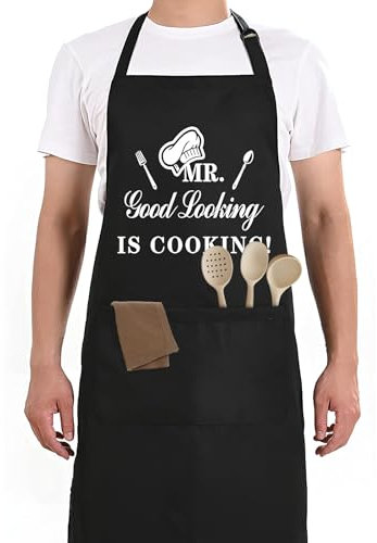 Cosswe Lustige Kochschürze für Männer,Männer Professionelle Grillschürze Schwarz Wasserdichte Schürze Verstellbare Küchenschürze mit Fronttaschen Witziges BBQ Geschenk zum Vatertag