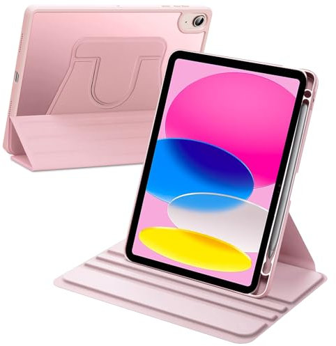 A-BEAUTY Rotante Custodia Compatibile con iPad 10 Generazione 10,9 Pollici 2022 A2696 A2757 A2777 con Portapenne, Rotazione a 360° a Tre-Ante Supporto Cover Chiaro Retro, Rosa
