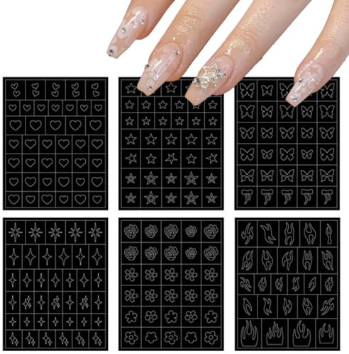 6 Fogli di Adesivi per Nail Art con Aerografo, Un Adesivo per Due Scopi, Adesivi per Unghie, Decorazione per Unghie, Sticker Unghie, Amore, Stelle, Farfalle, Stelle Filanti, Fiori, Fiamme.