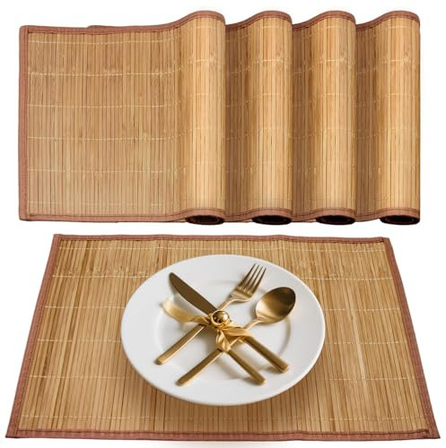 Piuluvor® 4 Stück Tischset aus Bambus, 45 × 30 cm Platzdeckchen Bambus, Hitzebeständige Platzset, Waschbar, Aufrollbar, für küche Speisetisch