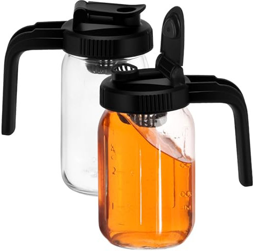 GWCYMYD 2 Pcs Mason Jar Pitcher, 32 oz Leakproof Water Jug Wide Mouth Glass Jug with Airtight Lid and Handle, Wide Mouth Glass Jugs for Cold Brew Coffee, Iced Tea, Juice