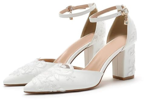 Scarpe da Sposa Dolci Carine da Donna - Sandali con Cinturino alla Caviglia con Tacco Grosso da 8 cm - Scarpe da Sposa Versatili e da Sera Comfort,Bianca,43 EU