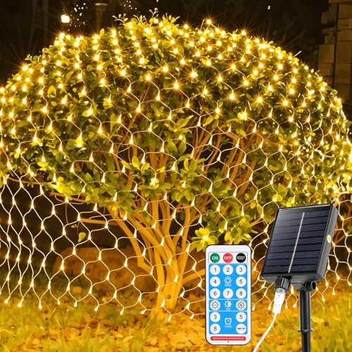 ISOISL Festliches Solar Lichternetz, 3x2m 240LEDs, 8 Modi & Timer per Fernbedienung, Solar/USB, IP44 wasserfest für Weihnachten, Garten, Weihnachtsdeko, Warmweiß