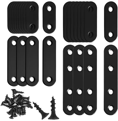 26PCS 4 Sizes Straight Flat Metal Brackets, Mending Joining Plates for Wood | 4 Sizes with 60 Screws, Countersunk Screw Holes, Smooth Edges, for Cabinets Chairs Desks Bookshelves, Furniture Repair & DIY