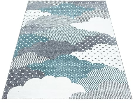 KADIMA DESIGN Spielteppich Wolken-Design Sanft Blau 120x170 cm Schadstoffgeprüft Pflegeleicht Waschbar Strapazierfähig Langlebig Kinderzimmer Spielzimmer Fußbodenheizung geeignet | NOLA