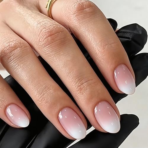 KQueenest Ombre Press on Nails Short Almond, 32 Pcs 16 Sizes Soft Gel French False Nails Press ons, Glossy Full Cover Natural Fake Nails Stick on Nail for Women at Home Manicure, White Pink