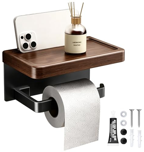 Toilet Roll holder with Walnut Wood Shelf, Toilet Paper Holder Adhesive & Wall Mounted toilet-roll holder, Black Stainless Steel Rustproof Toilet Paper Holder for Bathroom, Washroom, RV, Kitchen