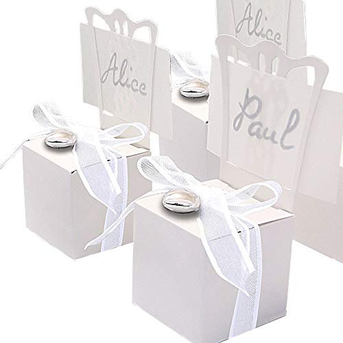 EinsSein 48x Kartonage Stuhl Weiss Gastgeschenke Hochzeit Hochzeitsmandeln Verpackung Box Tischdeko Kartonagen Schachteln Taufe Geschenkboxen Süßigkeiten Taufmandeln Tischkarten Bonboniere Wedding