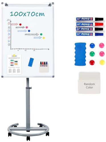 MAKELLO Flipchart 100x70cm Mobiles Whiteboard auf Rollen, Magnetisch Trocken Abwischbar, Höhenverstellbar, Rundfuß, Flip Chart Board für Büro