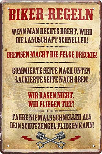 WOGEKA ART Retro Blechschild Biker Regeln Motorradfahrer witziger Spruch als Geschenk-Idee zum Geburtstag Weihnachten zur Dekoration 20x30 cm Vintage-Design aus Metall 698