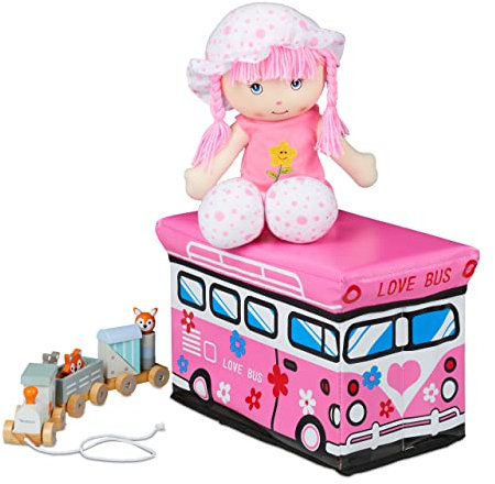 Relaxdays Spielzeugkiste faltbar, pinker Bus, Aufbewahrungsbox mit Stauraum & Deckel, gepolstert, 27 x 40 x 25 cm, rosa