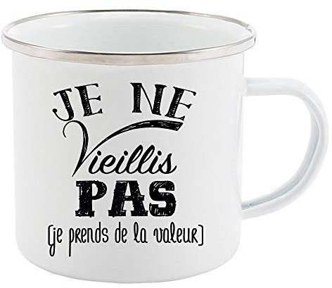 Youdesign FR Tasse Rétro en Métal Émaillé Imprimé Humour Citation Anniversaire 300ml Ronde Réutilisable Passe au Micro-Onde Occasions Spéciales Maison Boissons Chaudes