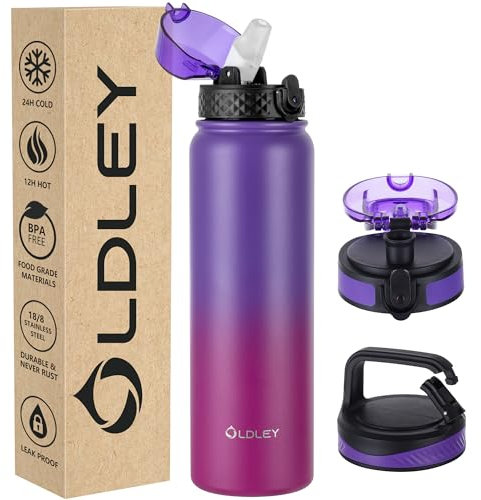 OLDLEY Edelstahl Trinkflasche mit Strohhalm 1L Isolierte flasche mit 3 Deckel Große Thermosflasche 1 Litre Auslaufsicher Halten Heiß Kalt für Sport Gym Camping Fahrrad (Violett Rosen, 3 Deckel)
