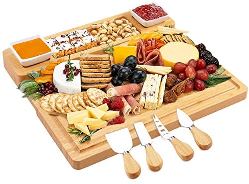 Bamboo Cheese Board and Knife Set Large Charcuterie/Cheese Servers - Bamboo Wine Meat Cheese Tray Platter