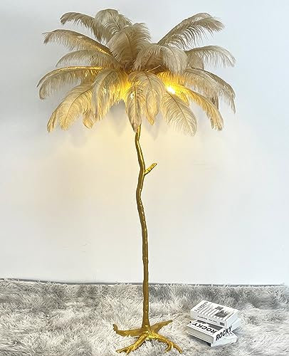 LDIEUWUET Feder Stehlampe, Luxuriöse Natürliche Straußenfeder Lampe Aus Kunstharz, Federlampe Moderne Schlafzimmer Feder Stehlampe Mit Led,170cm Hohe Stehlampen Stehleuchte, für Wohnzimmer, Esszimmer