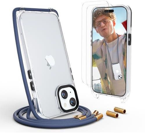 UYMO Handykette Hülle mit Band Für iPhone 15 Pro max 6.7-Necklace Transparent Handyhülle Case mit Strap Schnur Abnehmbar, Schutzhülle zum Umhängen Kordel,Blau