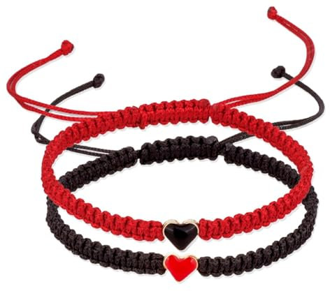COLORFUL BLING 2Pcs Love Heart Bracelets Handmade Braided Adjustable Bracelet Woven Thread Rope Bracelet for Couples Friends Anniversary Valentines Bracelets Set(Red&Black)