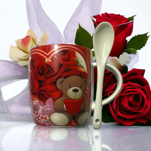 GMM Tazza I Love You in Ceramica con Cucchiaino Idea Regalo x San Valentino, Regalo per Lui/Lei Tazza con Cuore Orsetto e Rose