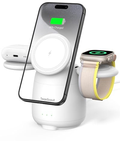 SwanScout Magnetico Stazione di Ricarica per iPhone, Compatibile con MagSafe, SwanScout 707M, Caricatore Wireless per iPhone 16-12, 5W Caricatore Rapido per Apple Watch 10/9/8/7, Airpods (No Adapter)