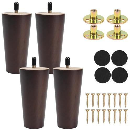 Zythrem 4Pcs Wooden Furniture Legs 12cm/4.72 Walnut Sofa Legs Chair Table Leg Wooden Replacement Furniture Feet with Rubber Protection Pads & Pre-Drilled M8 Screws for Bed Couch Cabinet Footstool