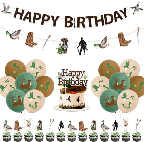 Funmemoir Entenjagd Geburtstag Dekorationen Happy Birthday Banner Ente Jagd Girlande Cupcake Kuchen Topper Ente Druck Ballons für Jungen Erwachsene Stockente Thema Geburtstag Party Dekorationen