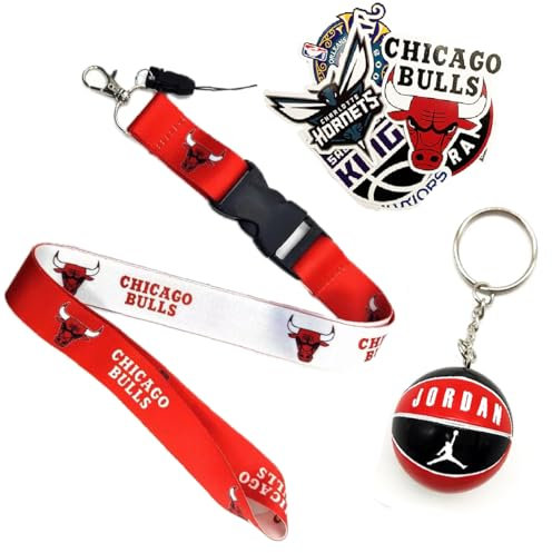 Portachiavi basket NBA Coppia di portachiavi lanyard da collo e mini pallone basket abbinato NBA squadre Lakers bulls Kings Magic + 10 sticker NBA casuali confezione regalo (coppia bulls 24 e stick)