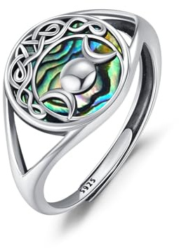 MEDWISE Celtic Triple Moon Ring - Sterling Silver Abalone Shell Adjustable Amulet - Wiccan Jewelry Gift for Women, Men, Birthdays