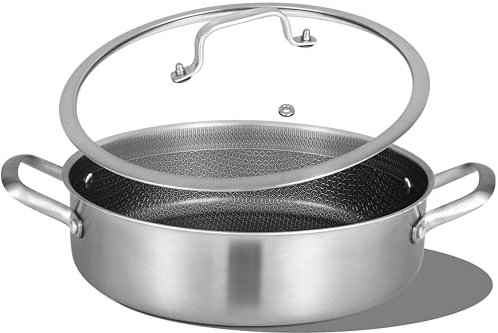 Inqibee 4.5 L Hybrid Tri-Ply Stainless Steel Non Stick Sauté Pan with Lid, 28 CM Induction Deep Frying Pan, Braiser,Jumbo Cooker, Even Heating and Oven Safe