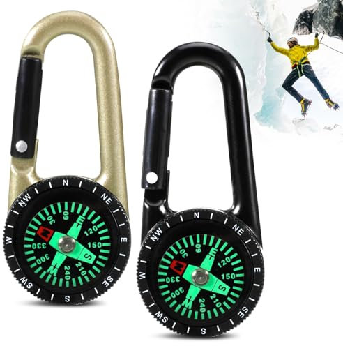 2 Stück Kompass mit Karabinerhaken und Schlüsselanhänger - Multifunktionaler Outdoor Karabiner aus Metall für Camping, Wandern, Reisen