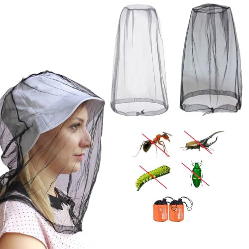 2 Pièces Filet de Tête de Moustique Moustiquaire De Tete Tête de Moustique Net Chapeau Moustiquaire Filet Anti-Insectes pour la Tête avec 2 Sacs de Rangement pour Apiculteur Camping Pêche