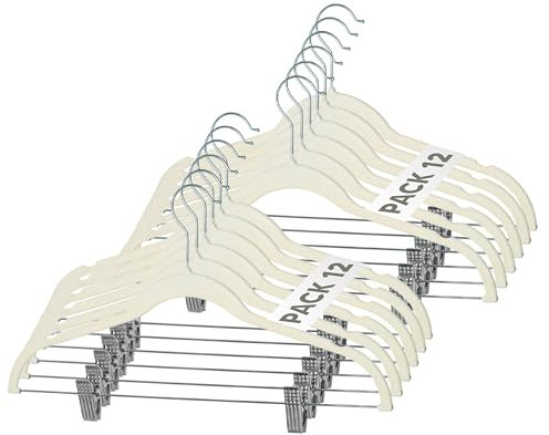 Mundo Home 12X Perchas Terciopelo Beige Antideslizantes con Pinzas - Colgadores de Ropa Terciopelo Finas para Pantalón - Perchas Ropa Terciopelo Multifuncional con Gancho 360º