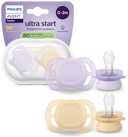 Philips Avent ultra start Schnuller – kiefergerecht geformtes Design, für Neugeborene, weicher, symmetrischer Silikonsauger, BPA-frei, mit Sterilisationsbehälter, 2er-Pack, SCF075/13