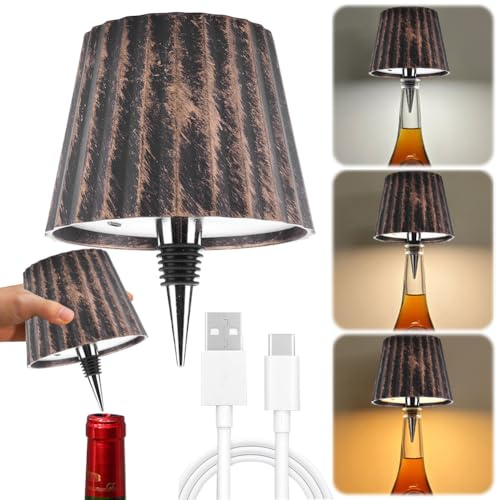 Starnearby Lampada da Tavolo Bottiglia LED Ricaricabile 2000 mAh, Lampada Bottiglia Senza Fili con Controllo Touch, 3 Colori Regolabili per Ristorante, Bar, Campeggio, Balcone, Feste (A-bronzo)