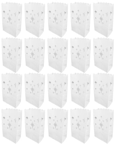 Leuchttüten, Kerzentüten, Leuchttüten, 20 Stück, weißes, schwer entflammbares Papier, Sterndesign, elegante Wellenkante, komplizierte Ausschnittmuster für Hochzeit, Party,