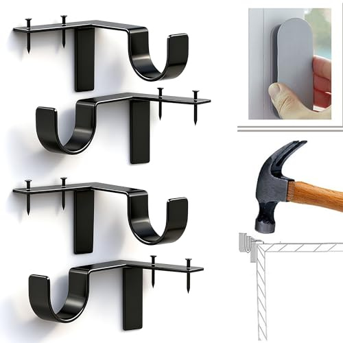 No-Drill Curtain Pole Brackets for Window Frames, Set of 4 - Heavy-Duty Steel Roman Pole Holders for Wood/Metal Frames, Easy Hammer-On Installation, Dark Modern Finish