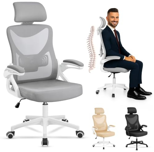 EveryKip® Silla Escritorio Ergonomica Ajustable con Reposabrazos Beige| Ruedas Anti-Arañazos | Sillas Uso Domestico con Reposacabezas | Cadeira Ergonómica Office Chair (Gris)