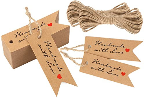 Handgemachte Geschenkanhänger, 100 Stück Kraftanhänger, 7 cm x 2,5 cm Handgefertigt mit Liebesmarken, Valentinstag-Tags, Hang-Tags mit 100 Fuß Jutefaserschnur