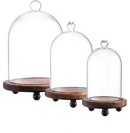 KMwares 3 cúpulas de cristal con forma de campana (14.5 cm/12.4 cm/10.9 cm) | Cloche muestra varias decoraciones y accesorios con base de madera