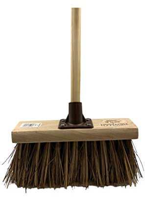 Newman and Cole 10.5 Wooden Outdoor Broom with Stiff Bassine and Cane Mix Natural Hard Bristle - Replacement Wooden Broom Head Garden Yard Brush Sweeping Brush Fixing Bracket Connector (with Handle)