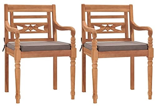 vidaXL 2X Teak Massiv Batavia Stuhl mit Dunkelgrauen Kissen Gartensessel Gartenstuhl Holzstuhl Sessel Stühle Gartenmöbel Gartenstühle