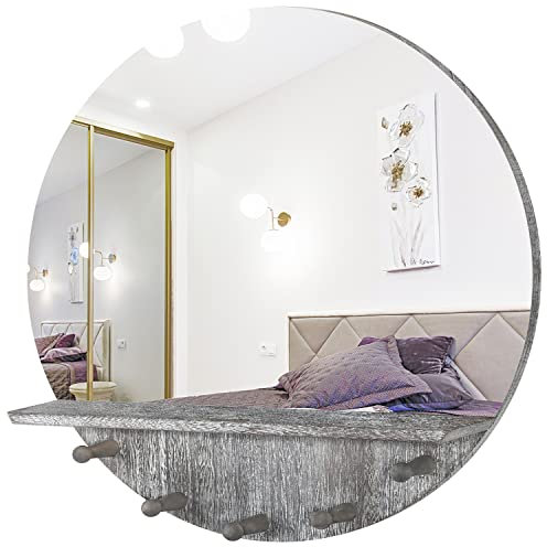 JJUUYOU Runder Wandspiegel, 50 cm, runder Spiegel für Badezimmer, rustikaler Bauernhaus, brauner Schminkspiegel mit Ablage und Haken, Holzrahmen, Spiegel für Wohnzimmer, Schlafzimmer, Wohnheim